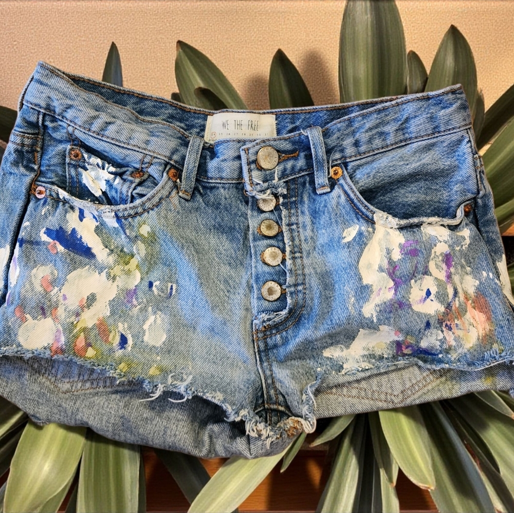 We The Free Blue Jean Shorts with Colorful Splatter